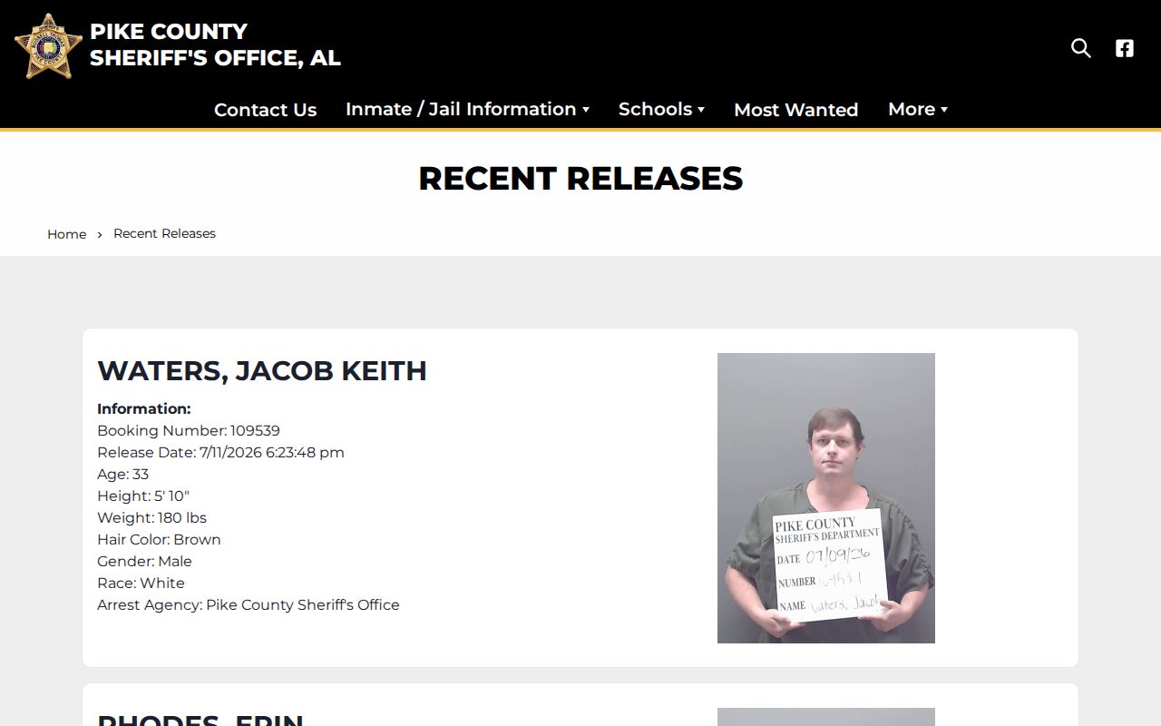 Pike County Sheriff Recent Releases page for released inmates