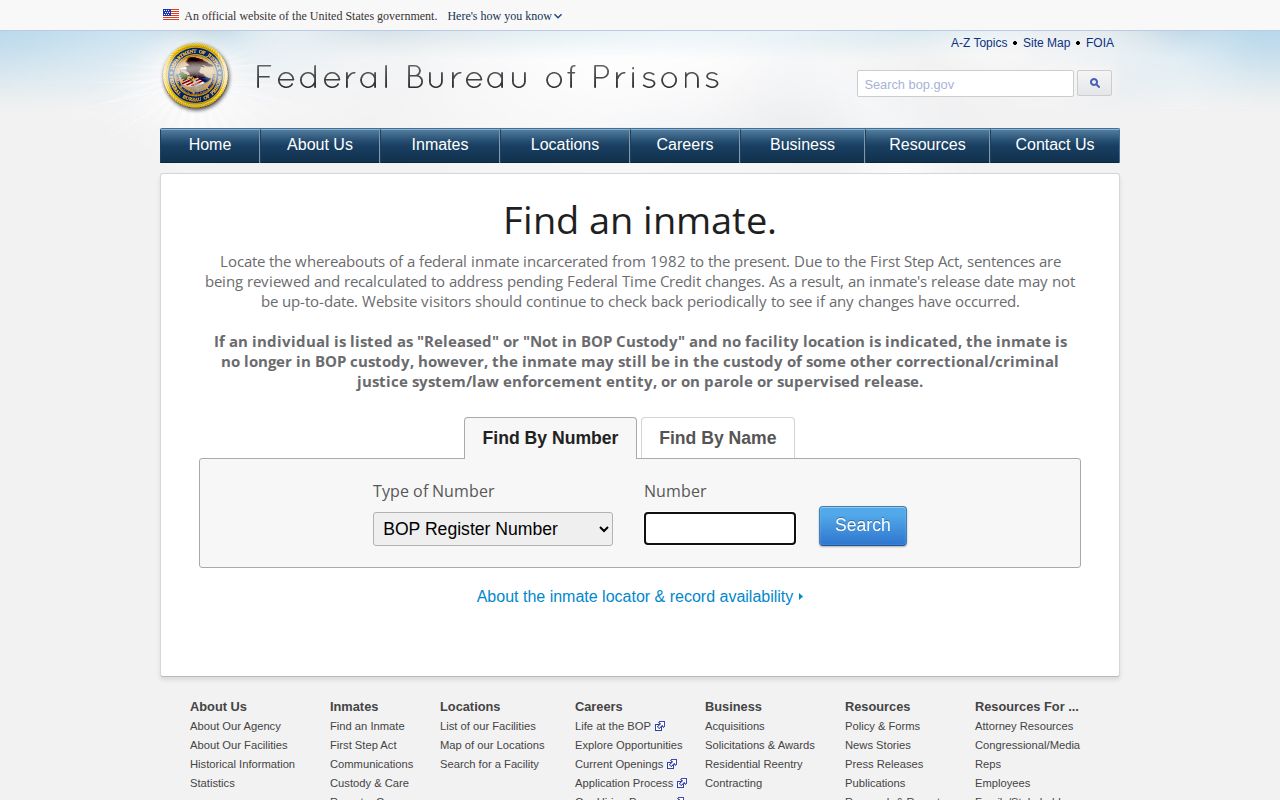Federal Bureau of Prisons inmate locator official page for Pike County federal release checks